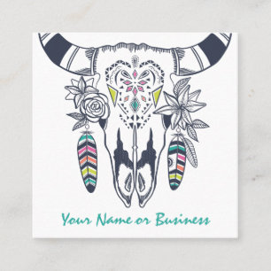 Tarjeta De Visita Cuadrada Calavera de vaca boho con bohemio turquesa