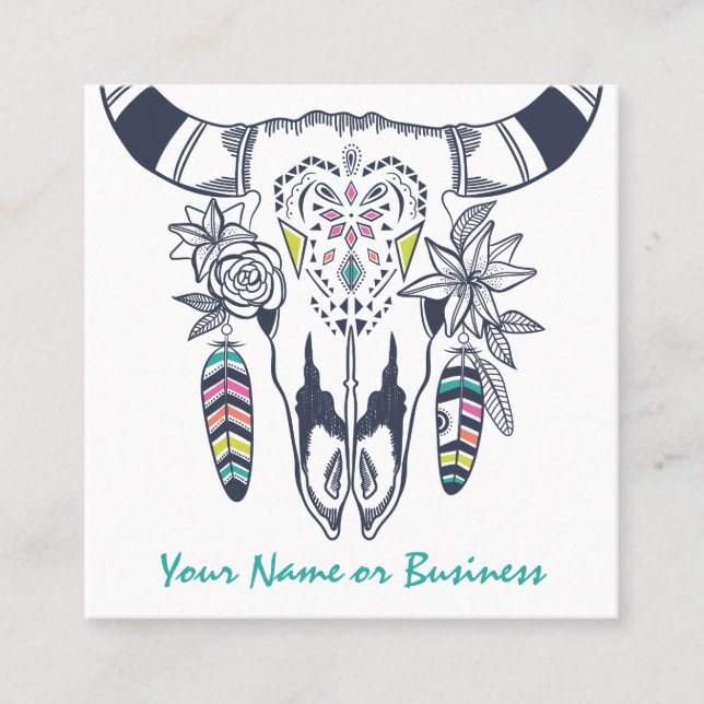 Tarjeta De Visita Cuadrada Calavera de vaca boho con bohemio turquesa (Anverso)