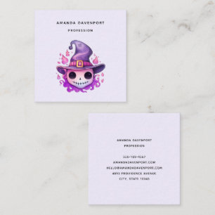 Tarjeta De Visita Cuadrada Calavera en sombrero de bruja caprichosa