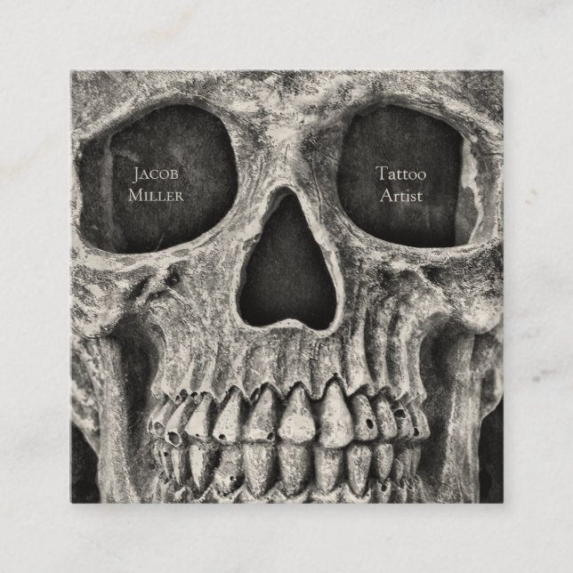 Tarjeta De Visita Cuadrada Calavera Gótica Enfrenta Tatuaje Blanco Y Negro (Anverso)