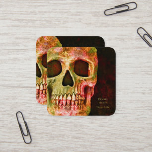 Tarjeta De Visita Cuadrada Calavera gótica frente a tienda de tatuajes verde