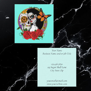 Tarjeta De Visita Cuadrada Calaveras de Azúcar Elegantes Monarca Rosas Rojas 