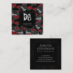 Tarjeta De Visita Cuadrada Calaveras y rosas rojas   Monograma Gótico Moderno