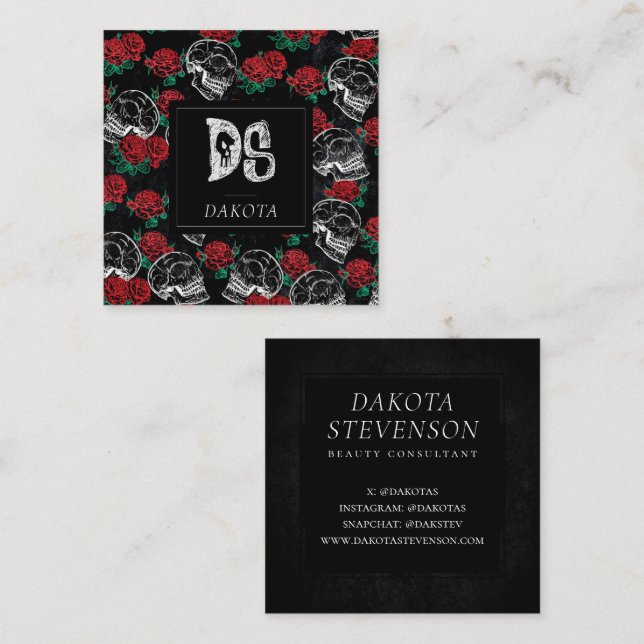 Tarjeta De Visita Cuadrada Calaveras y rosas rojas | Monograma Gótico Moderno (Anverso / Reverso)