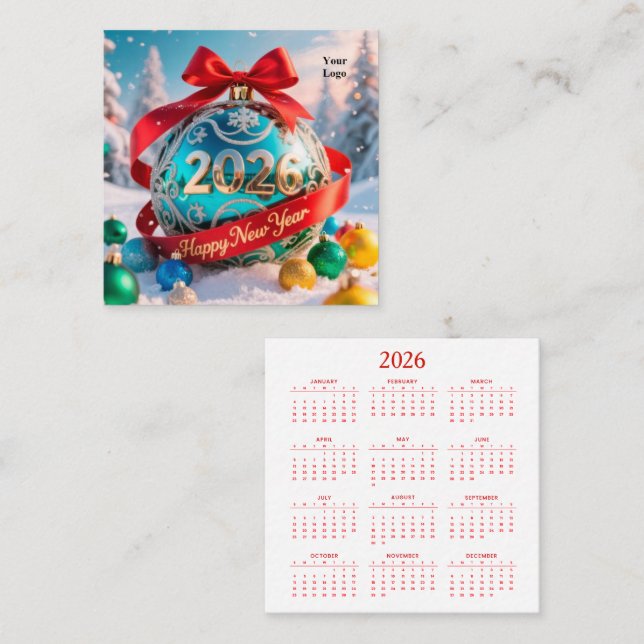 Tarjeta De Visita Cuadrada Calendario Año Nuevo 2026 (Anverso / Reverso)