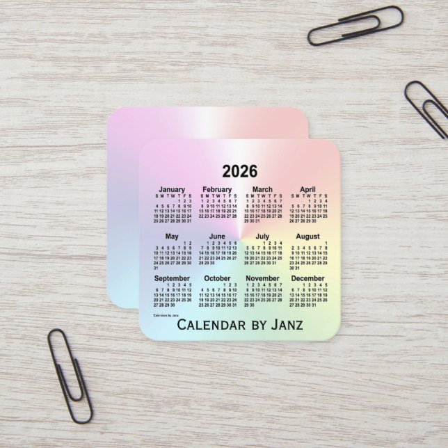 Tarjeta De Visita Cuadrada Calendario de verano arcoiris 2026, de Janz (Anverso/Reverso In Situ)