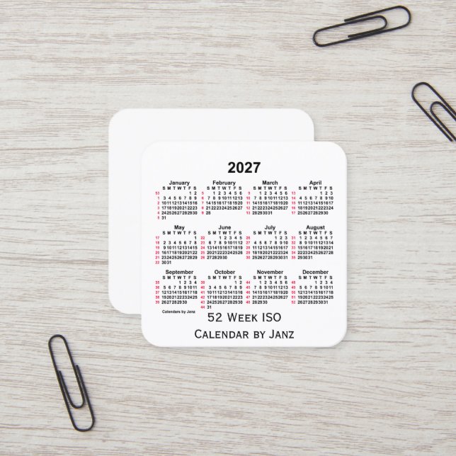 Tarjeta De Visita Cuadrada Calendario ISO de 52 semanas en blanco de 2027, de (Anverso/Reverso In Situ)