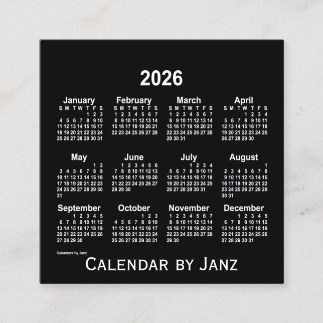 Tarjeta De Visita Cuadrada Calendario Neon White 2026 de Janz (Anverso)