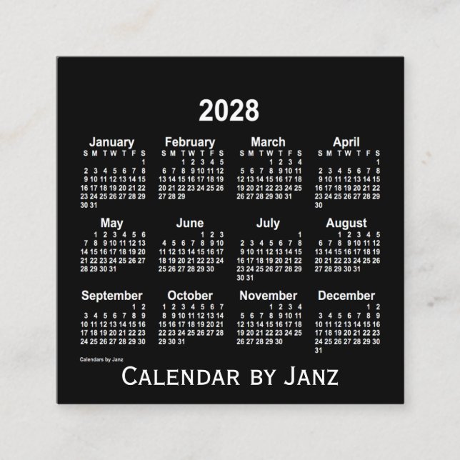 Tarjeta De Visita Cuadrada Calendario Neon White 2028 de Janz (Anverso)