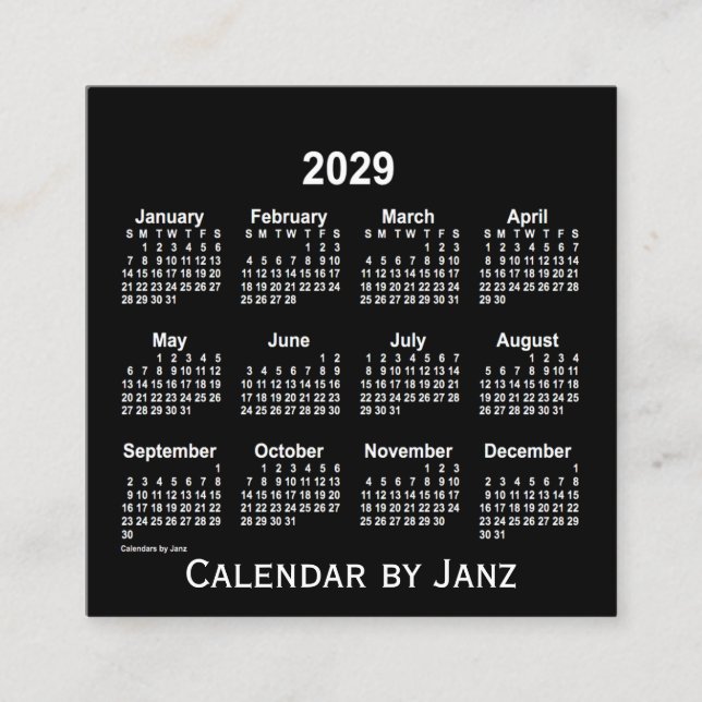 Tarjeta De Visita Cuadrada Calendario Neon White 2029 de Janz (Anverso)