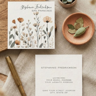Tarjeta De Visita Cuadrada Caligrafía Botánica de Flor Silvestre Sepia Crema