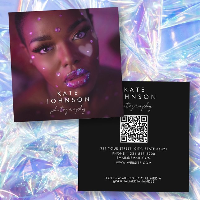 Tarjeta De Visita Cuadrada Caligrafía de código QR de fotografía completa de  (Trendy Full Photo QR Code Script Calligraphy Square Business Card)