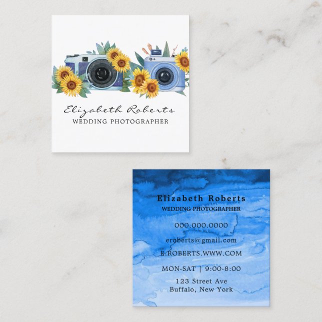 Tarjeta De Visita Cuadrada Cámara de pintura azul Boda de girasol (Anverso / Reverso)