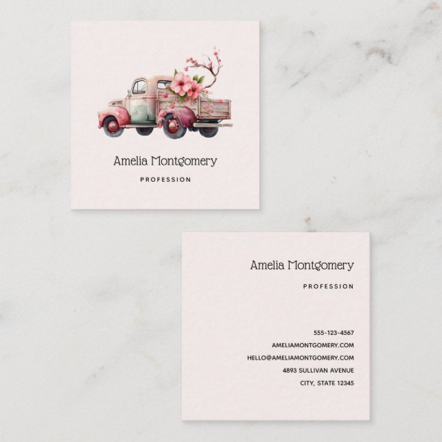 Tarjeta De Visita Cuadrada Camión de granjero de cosecha rosa (Anverso / Reverso)