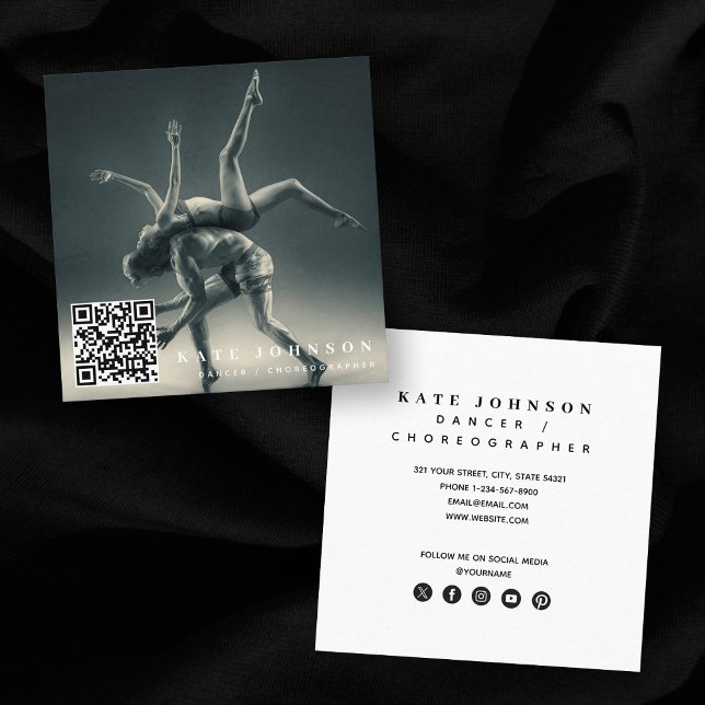 Tarjeta De Visita Cuadrada Canciógrafo bailarín Foto Código QR Medios sociale (Dancer Choreographer Photo QR Code Social Media Square Business Card)