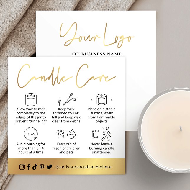 Tarjeta De Visita Cuadrada Candle Safety Instructions Guide White & Gold Card (Subido por el creador)
