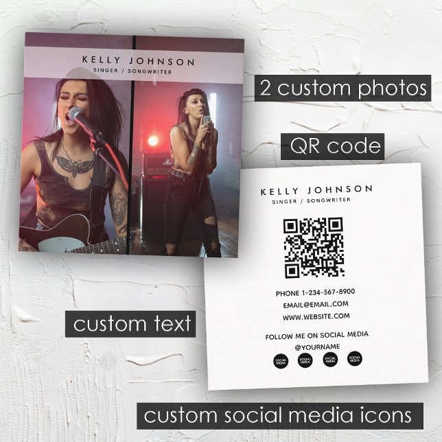 Tarjeta De Visita Cuadrada Cantante Cantautor 2 fotos Código QR (Singer Musician Songwriter 2 Photos QR Code Square Business Card)