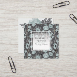 Tarjeta De Visita Cuadrada Carbón de amapola azul gris negro acuarela floral