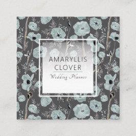 Tarjeta De Visita Cuadrada Carbón de amapola azul gris negro acuarela floral