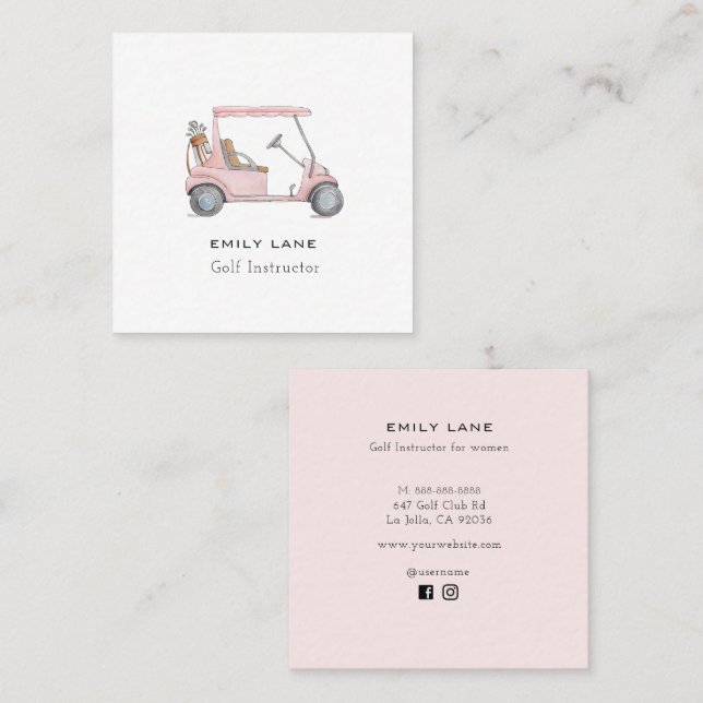 Tarjeta De Visita Cuadrada Carrito de Golf Rosa Instructora de Golf Profesion (Anverso / Reverso)