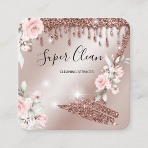Tarjeta De Visita Cuadrada Casa de limpieza de doncella Flor de oro rosa espa