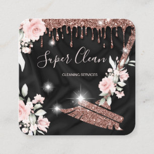 Tarjeta De Visita Cuadrada Casa de limpieza de doncella Flor de oro rosa espa
