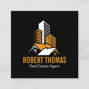 Tarjeta De Visita Cuadrada Casa Moderna Naranja Techo Logo Inmobiliaria