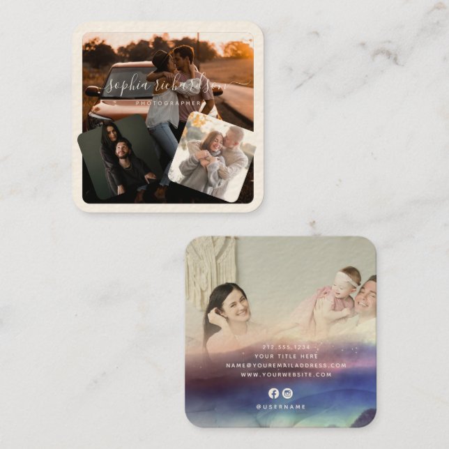 Tarjeta De Visita Cuadrada Casual de crema de cuatro fotografías modernas (Anverso / Reverso)