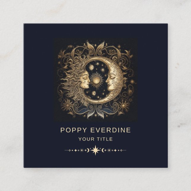 Tarjeta De Visita Cuadrada Celestial Mystic Moon Blue Gold (Anverso)