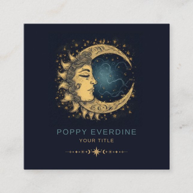 Tarjeta De Visita Cuadrada Celestial Mystic Moon Blue Gold (Anverso)