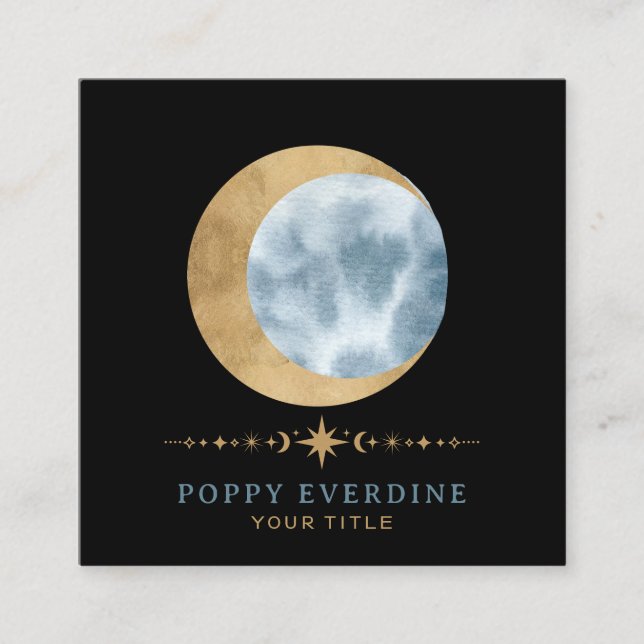 Tarjeta De Visita Cuadrada Celestial Mystic Moon Blue Gold (Anverso)