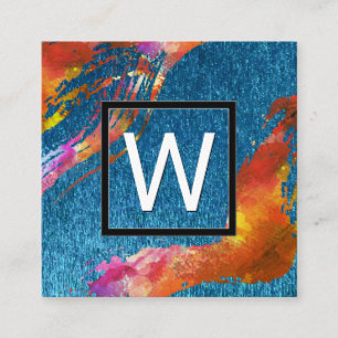 Tarjeta De Visita Cuadrada Cepillado de color de agua monograma   Textura azu