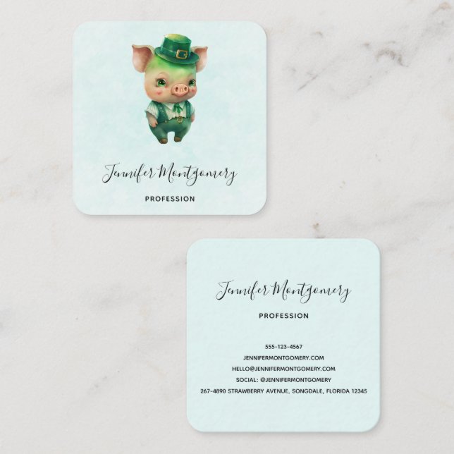 Tarjeta De Visita Cuadrada Cerdo de cuento de hadas verde lindo con atuendo b (Anverso / Reverso)