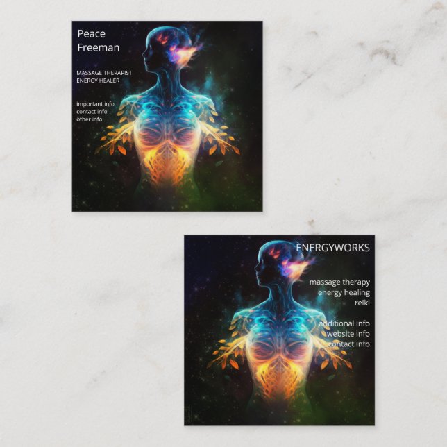Tarjeta De Visita Cuadrada Chakras | Auras humanas | Energy Healer (Anverso / Reverso)