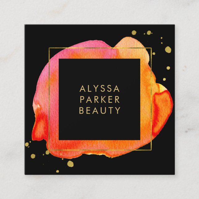 Tarjeta De Visita Cuadrada Chapoteo anaranjado de la acuarela en negro con (Anverso)