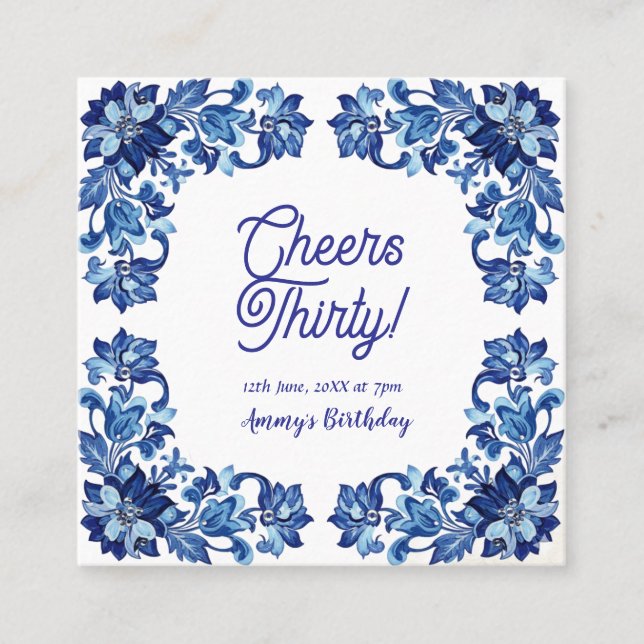 Tarjeta De Visita Cuadrada Cheers thirty birthday royal blue floral border na (Anverso)