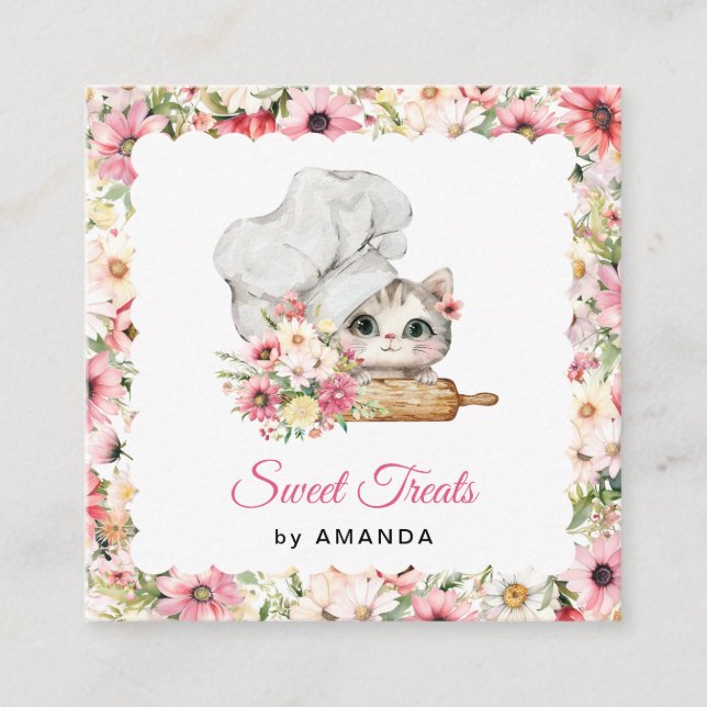 Tarjeta De Visita Cuadrada Chef Kitten Bakery Thank you (Anverso)