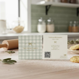 Tarjeta De Visita Cuadrada Chic Cottage Verde Gingham Marketing de Panadería