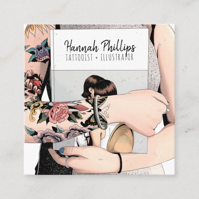 Tarjeta De Visita Cuadrada chica de tatuajes de Guay ilustracion guión de mod (Anverso)