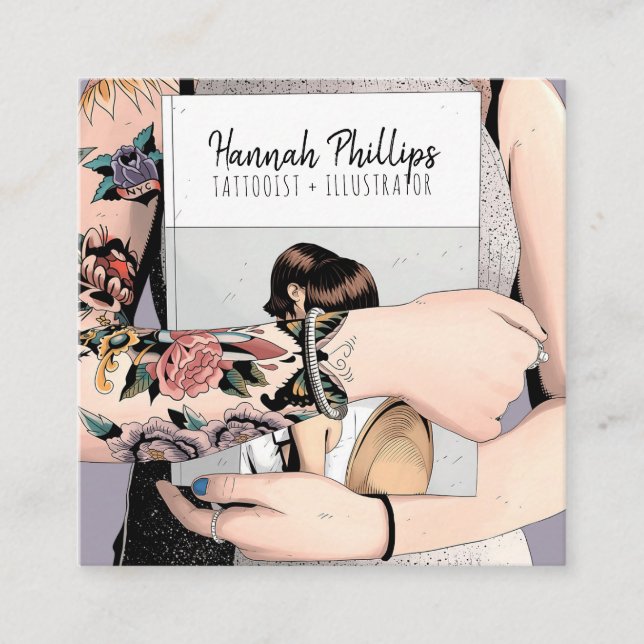Tarjeta De Visita Cuadrada chica de tatuajes de Guay ilustracion guión de mod (Anverso)