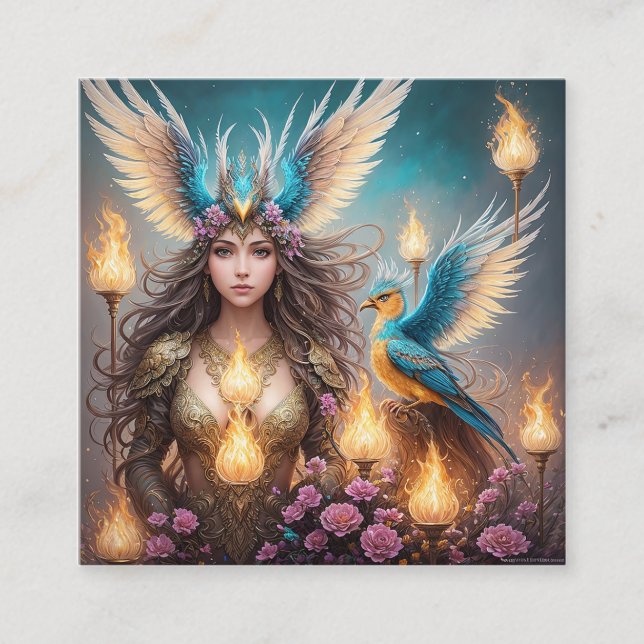 Tarjeta De Visita Cuadrada Chica, majestuosa ave fenix Óleo, 3d, (Anverso)