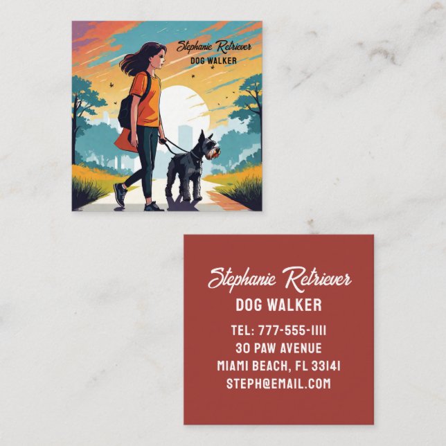 Tarjeta De Visita Cuadrada Chica Paseador Mascota En Camiseta Naranja (Anverso / Reverso)