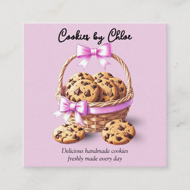 Tarjeta De Visita Cuadrada Chocolate Chip Cookies in Basket with Pink Bow (Anverso)