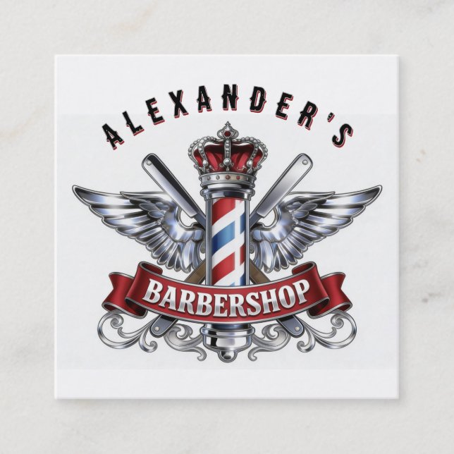 Tarjeta De Visita Cuadrada Chrome Barber Pole and Crown Personalize (Anverso)