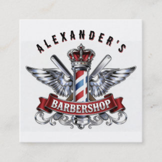 Tarjeta De Visita Cuadrada Chrome Barber Pole y Corona Personalizable