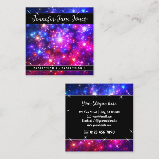 Tarjeta De Visita Cuadrada Cielo místico rosa caliente Estrellas Purpurinas d (Anverso / Reverso)