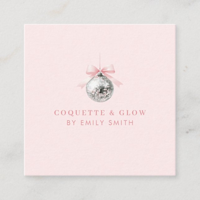 Tarjeta De Visita Cuadrada Cinta rosa Coquette Disco Ball personalizada (Anverso)