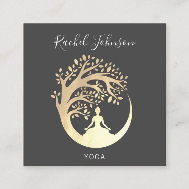 Tarjeta De Visita Cuadrada Clases de Yoga Instructor Privado Qr GoldGray (Anverso)