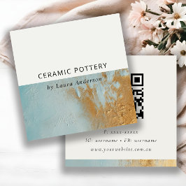 Tarjeta De Visita Cuadrada Clásico Aqua Blue Gold Paint Textura Código QR