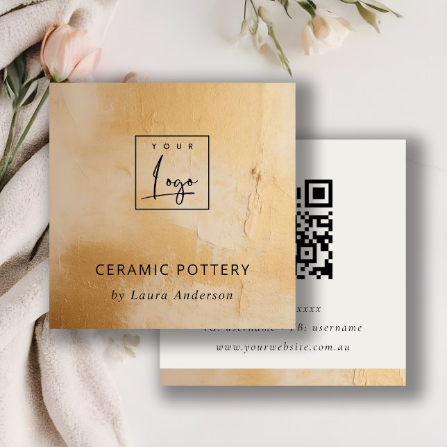 Tarjeta De Visita Cuadrada Clásico Beige Óleo Pintado Textil Logo QR Código (Subido por el creador)